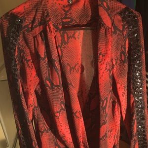 Red and black snake print blouse with sequins detail